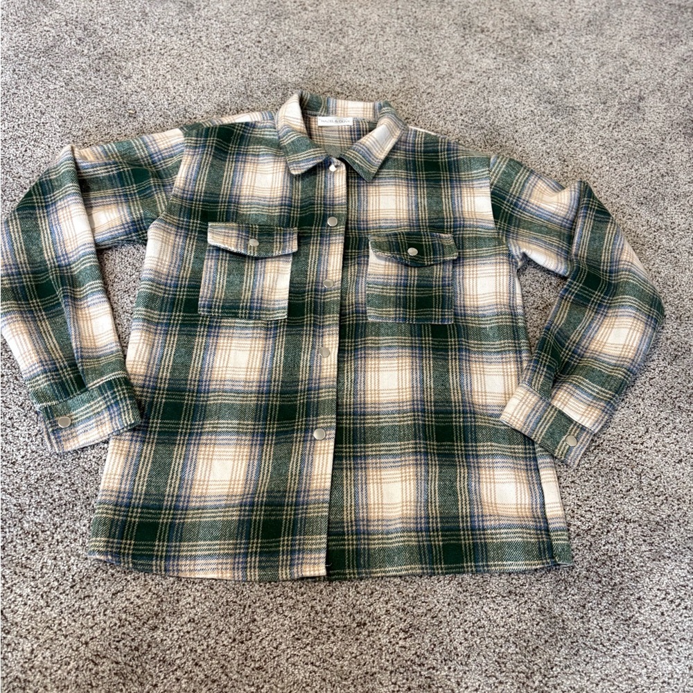 Oversized Plaid Button Down Shirt - Green and Cream NWOT